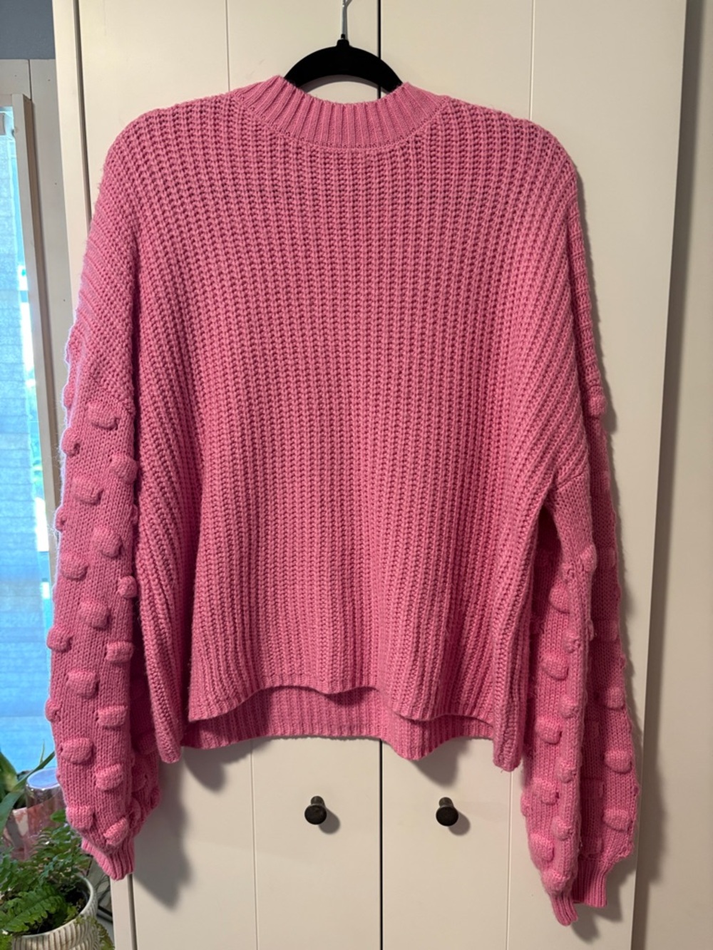 Women's Pink Chunky Knit Sweater with Bobble Sleeve